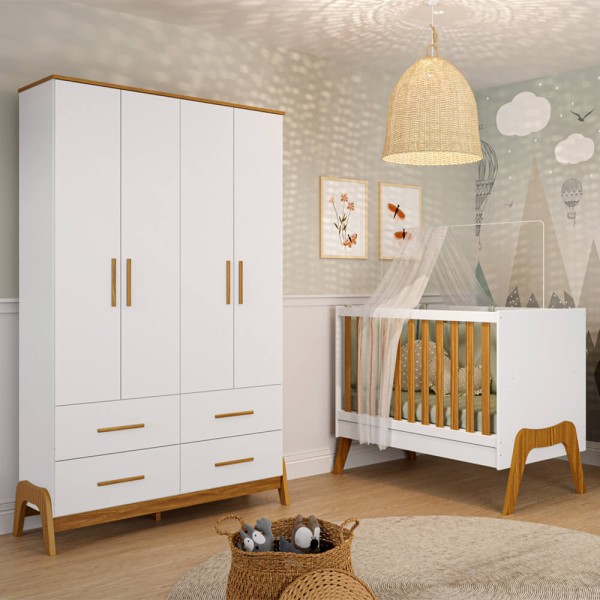 Encontraproduto.com.br - Quarto de Bebê Completo 2 peças Peroba Guti 4 Portas - Branco/Amendoa