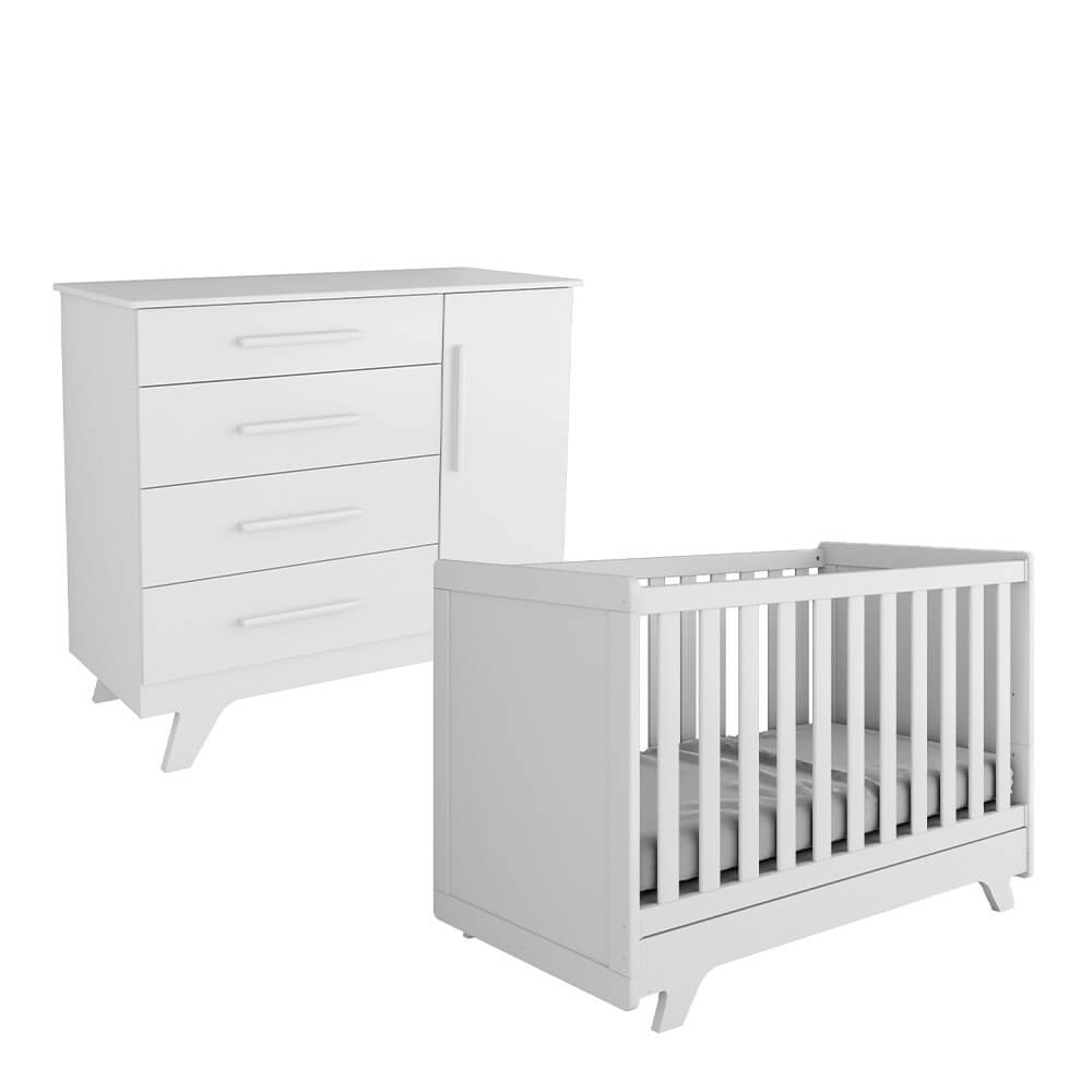 Quarto de Bebê Completo 2 peças Peroba Retrô com Varal mosquiteiro - Branco