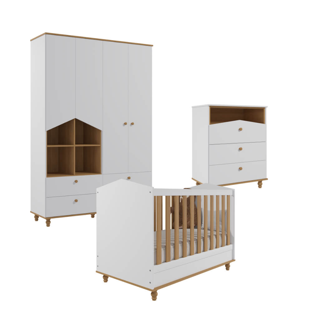 Quarto de Bebê Completo 3 peças Permóbili Casinha Mimo - Branco/Nature