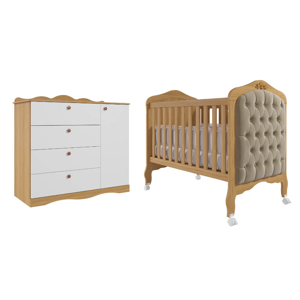 Quarto de Bebê Completo 2 peças com Capitonê Permóbili Harmonia Encanto - Nature/Branco