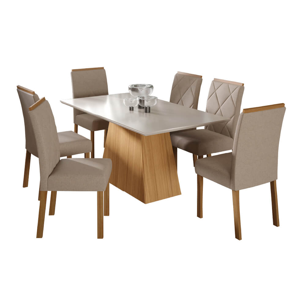 Encontraproduto.com.br - Conjunto Mesa Cimol Sabrine 160x80cm com 6 Cadeiras em Madeira e Tecido Linho - Nature/Bege