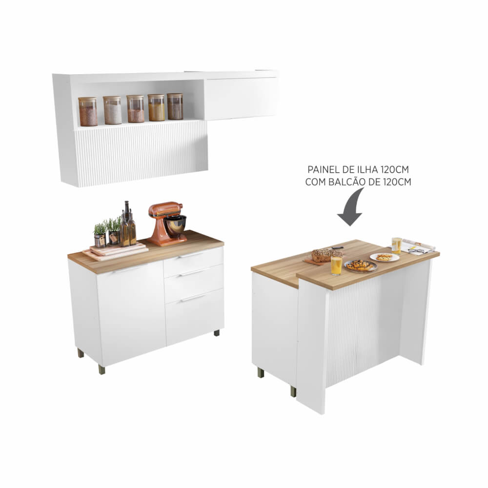 Cozinha modulada Nesher Marquesa 5 peças com Painel Ilha - Branco/Nature