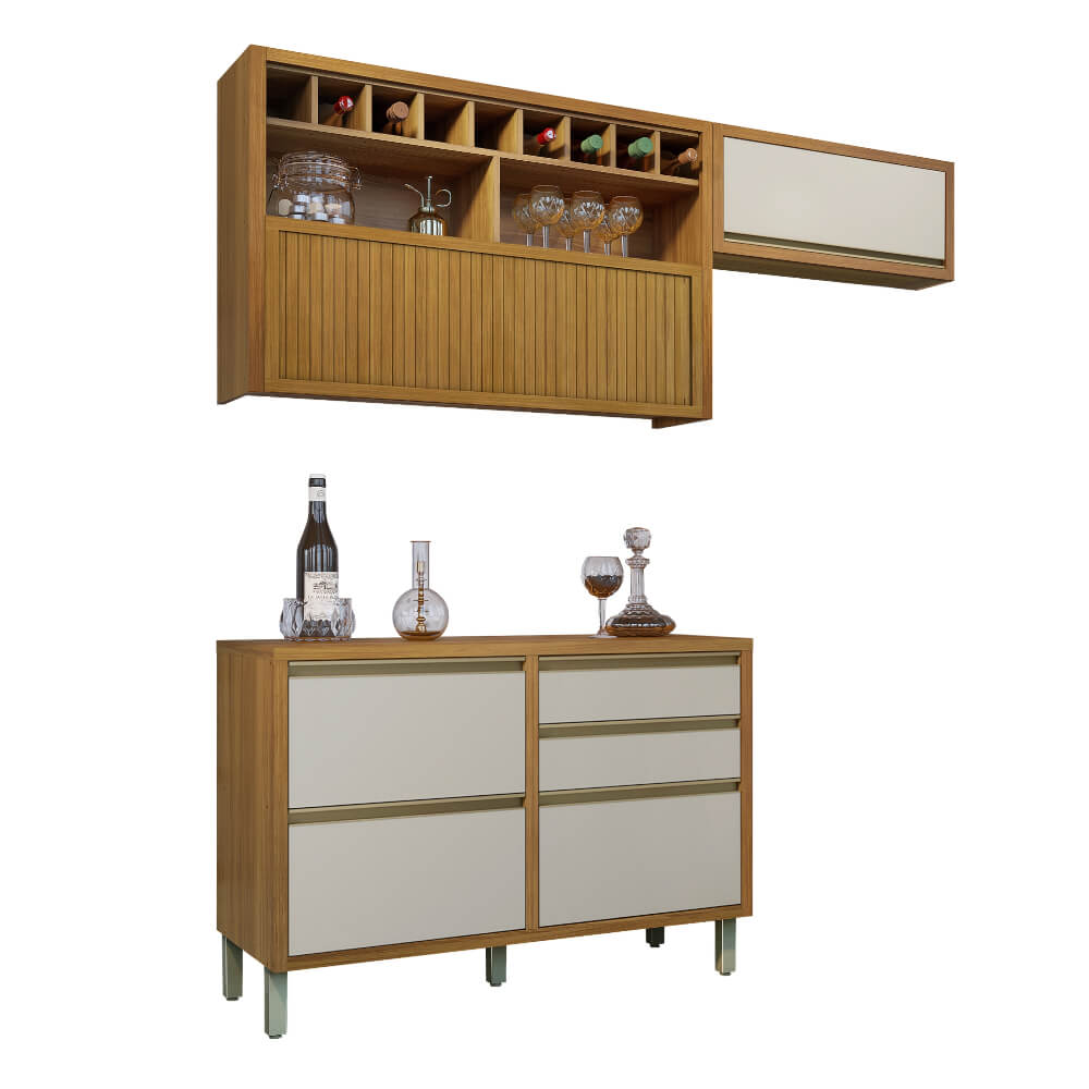 Cozinha modulada Nesher Baronesa 3 peças com Nicho e Adega - Freijó/Off White
