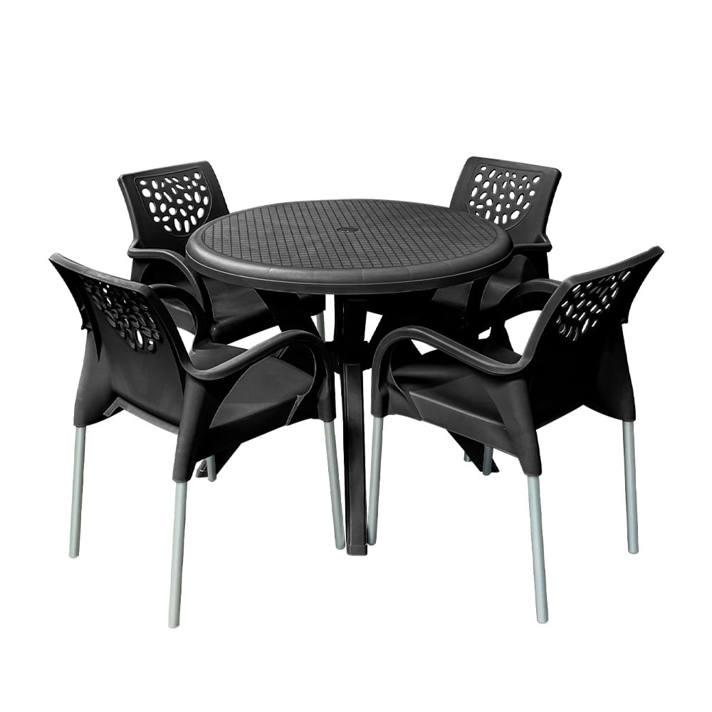 Conjunto Forte Plástico Deluxe Mesa Redonda 90cm com 4 Cadeiras com Braço - Preto