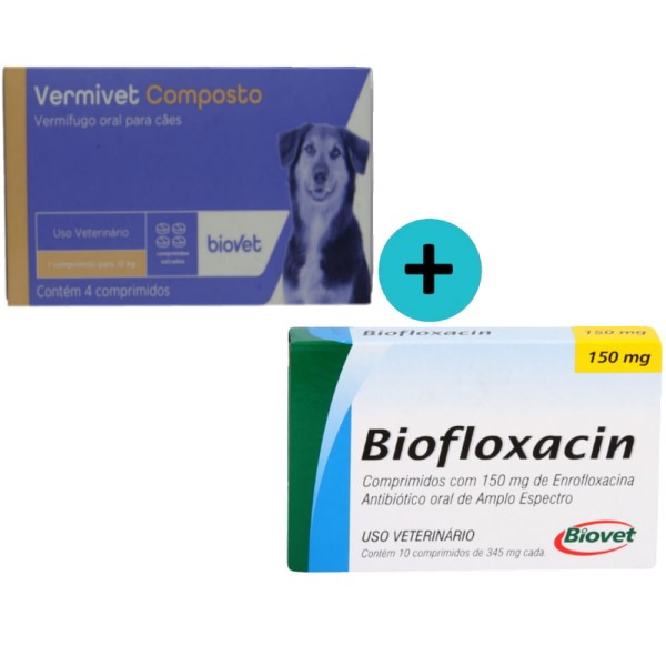 Encontraproduto.com.br - Kit 1 Vermivet Composto Biovet 600mg C/ 4 Comprimidos+1 Biofloxacin Biovet 150mg C/ 10 Comprimidos