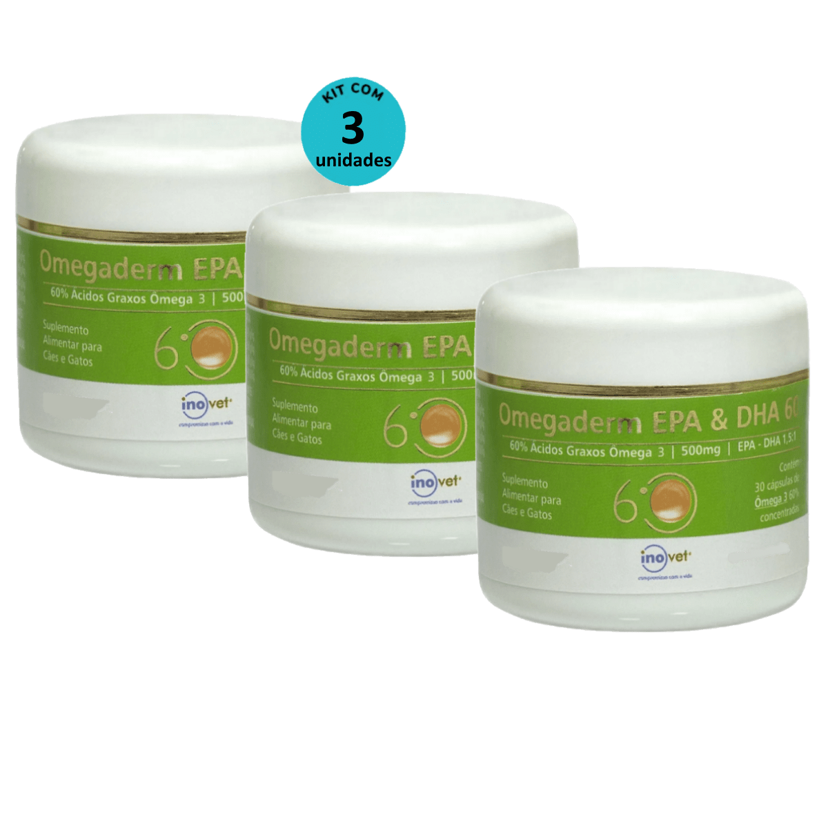Encontraproduto.com.br - Omegaderm EPA & DHA 60 Suplemento P/ Cães e Gatos 500mg C/ 30 cáp. Inovet Kit com 3