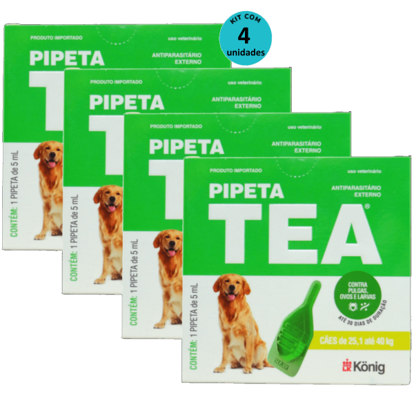Encontraproduto.com.br - Pipeta Tea 5 ml Antiparasitário Contra Pulgas para Cães de 25,1 até 40 Kg - König Kit Com 4