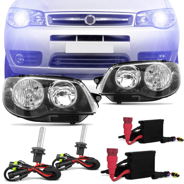 Encontraproduto.com.br - Par Farol Palio G3 04 a 14 Siena Strada Weekend G3 04 a 12 Máscara Negra + Kit Xênon 8000K