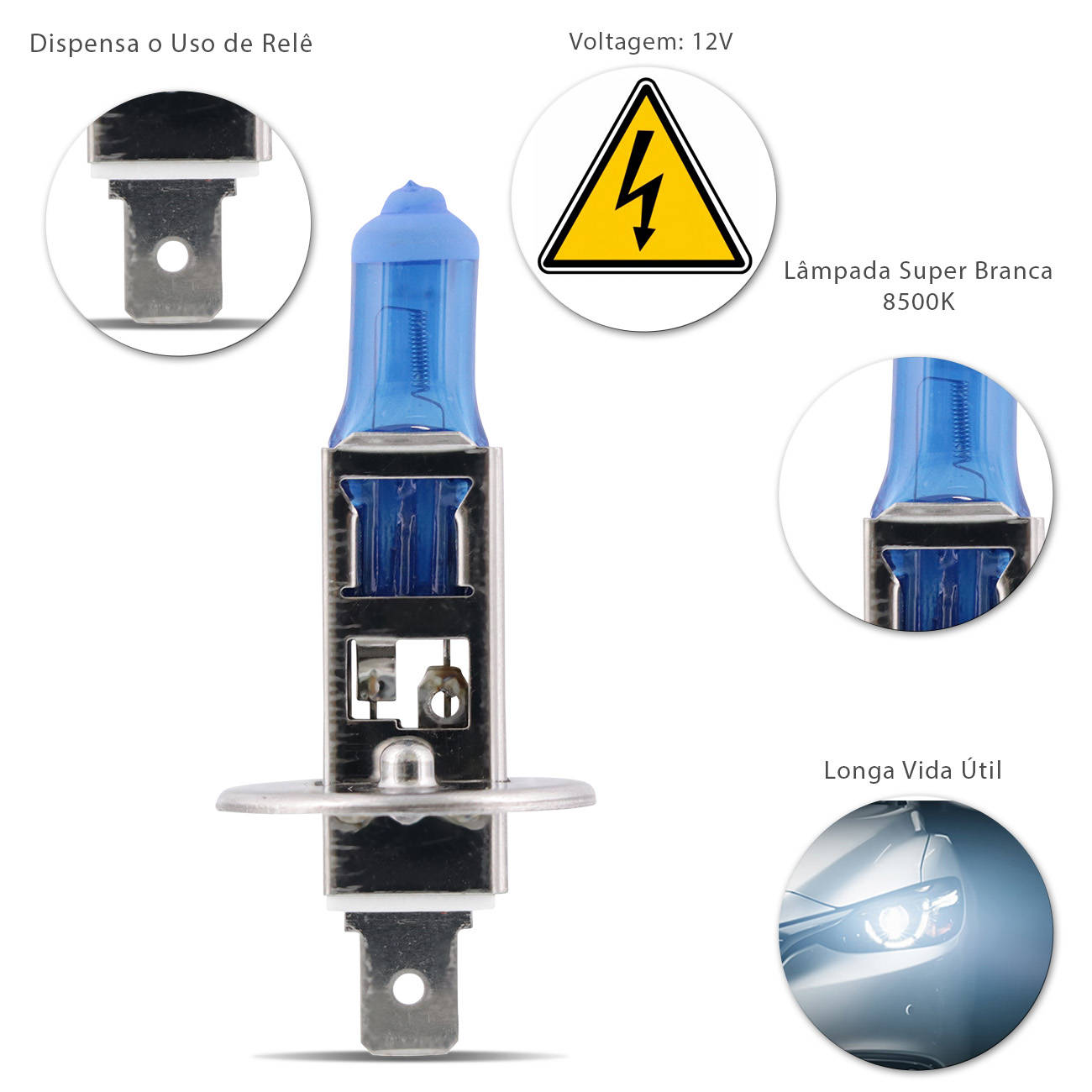 Lâmpada Super Branca H1 8500K 55W 12V Efeito Xênon Aplicação Farol Carro Moto