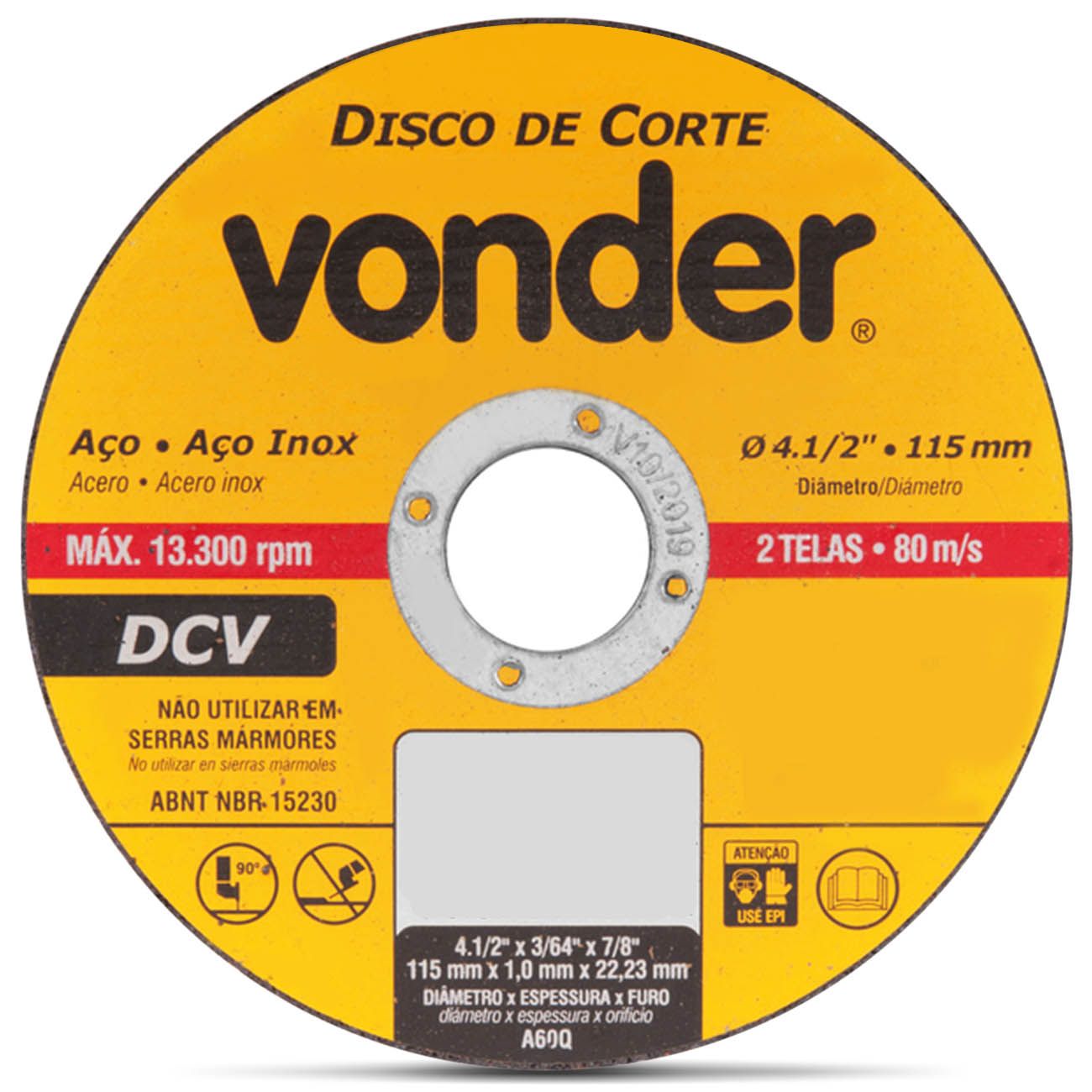 Disco de Corte Vonder Aço e Aço Inox 1,0mm 4.1/2 Polegadas 115mm 13300RPM 2 Telas 80 m/s