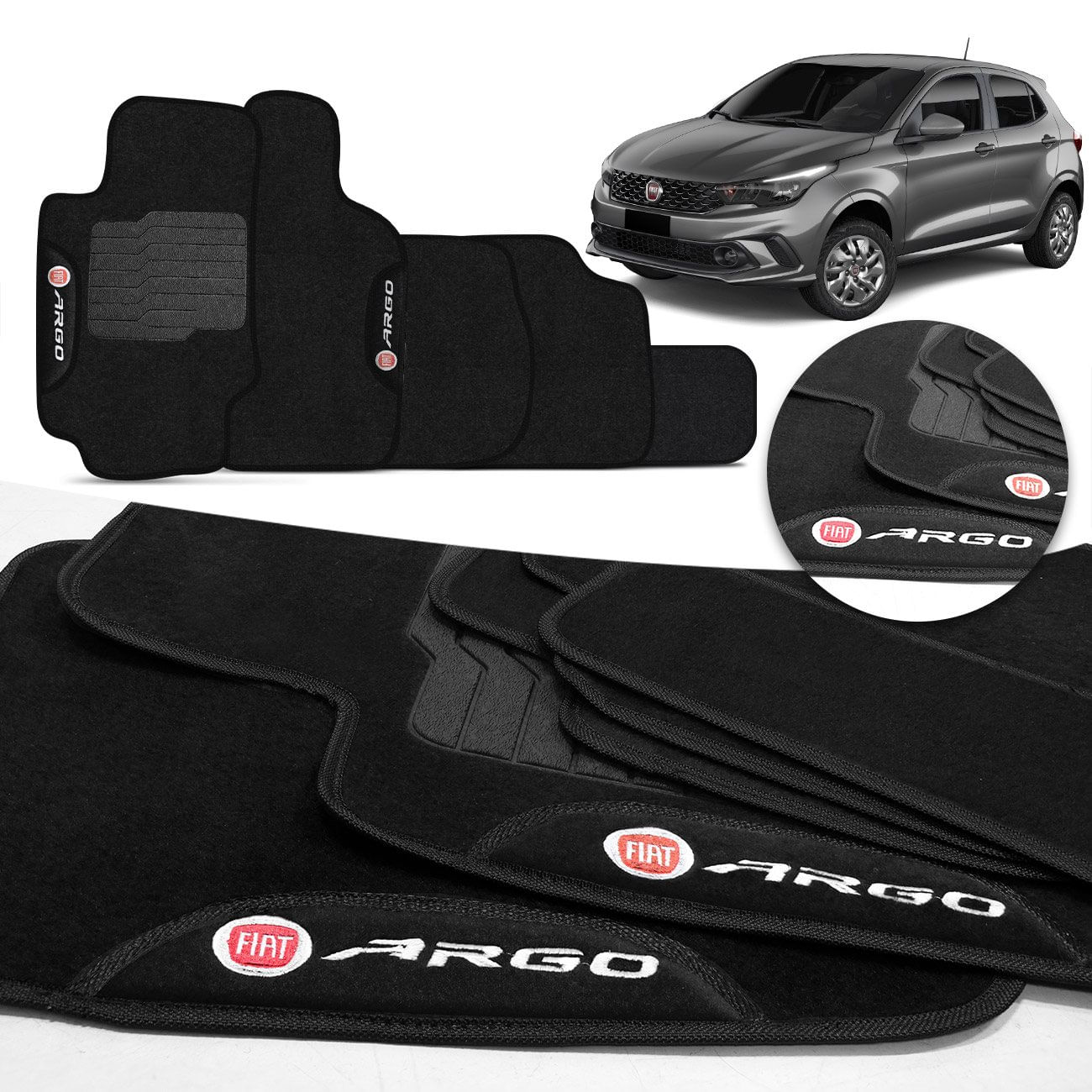 Jogo de Tapetes Carpete Fiat Argo 2017 a 2019 Com Logo Bordado Concept 3D 5 Peças