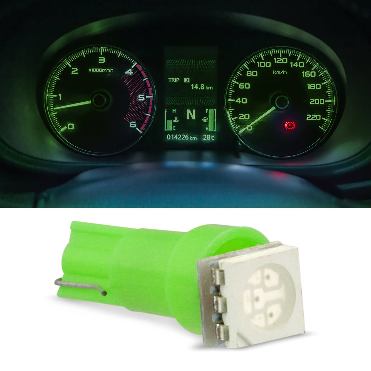 Encontraproduto.com.br - Lâmpada LED T5 Pingo Esmagadinha 1 LED 12V 0,36W Verde para Aplicação no Painel Carro