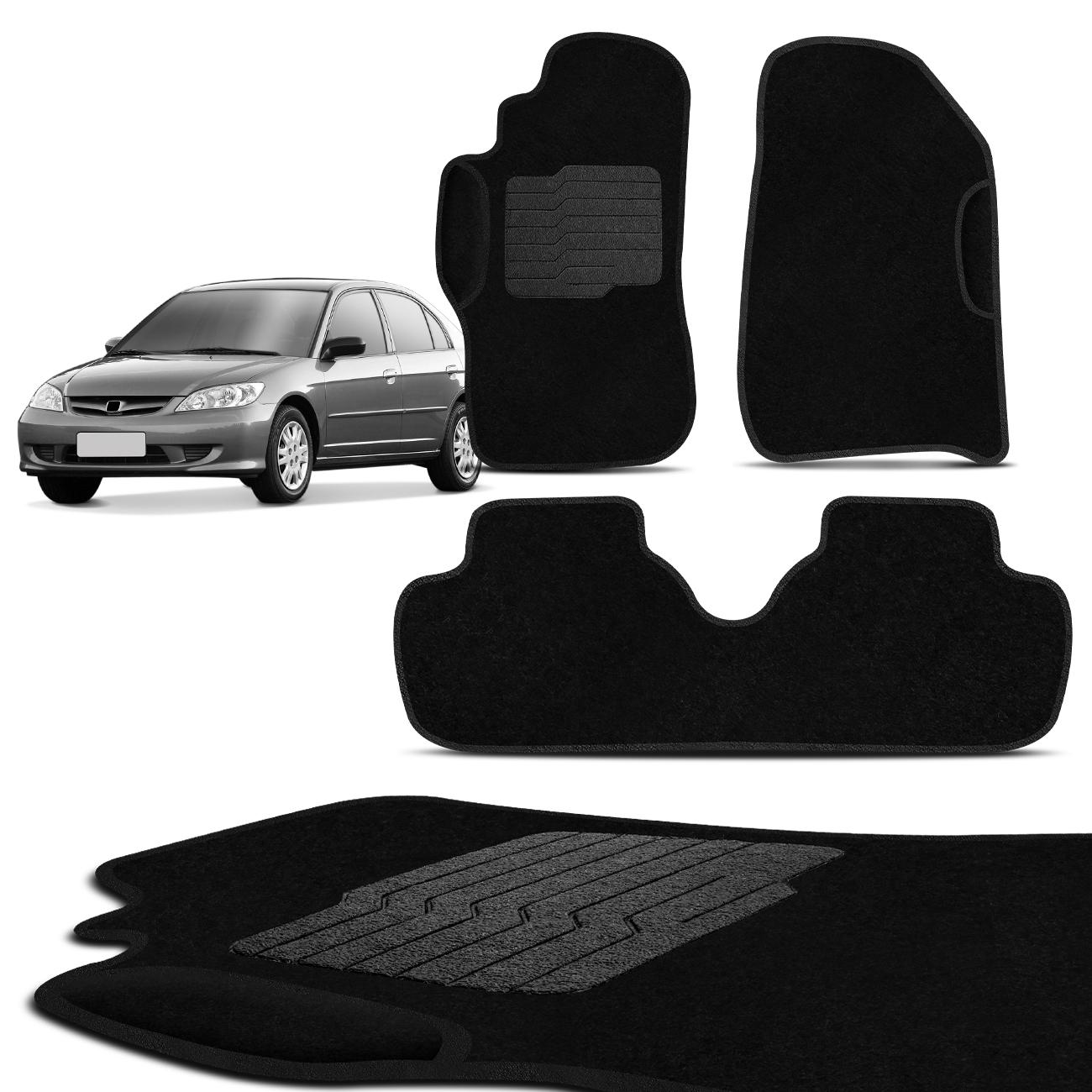 Jogo Tapete  Civic 2001 a 2006 Carpete Preto com Grafia Bordado 3 Peças