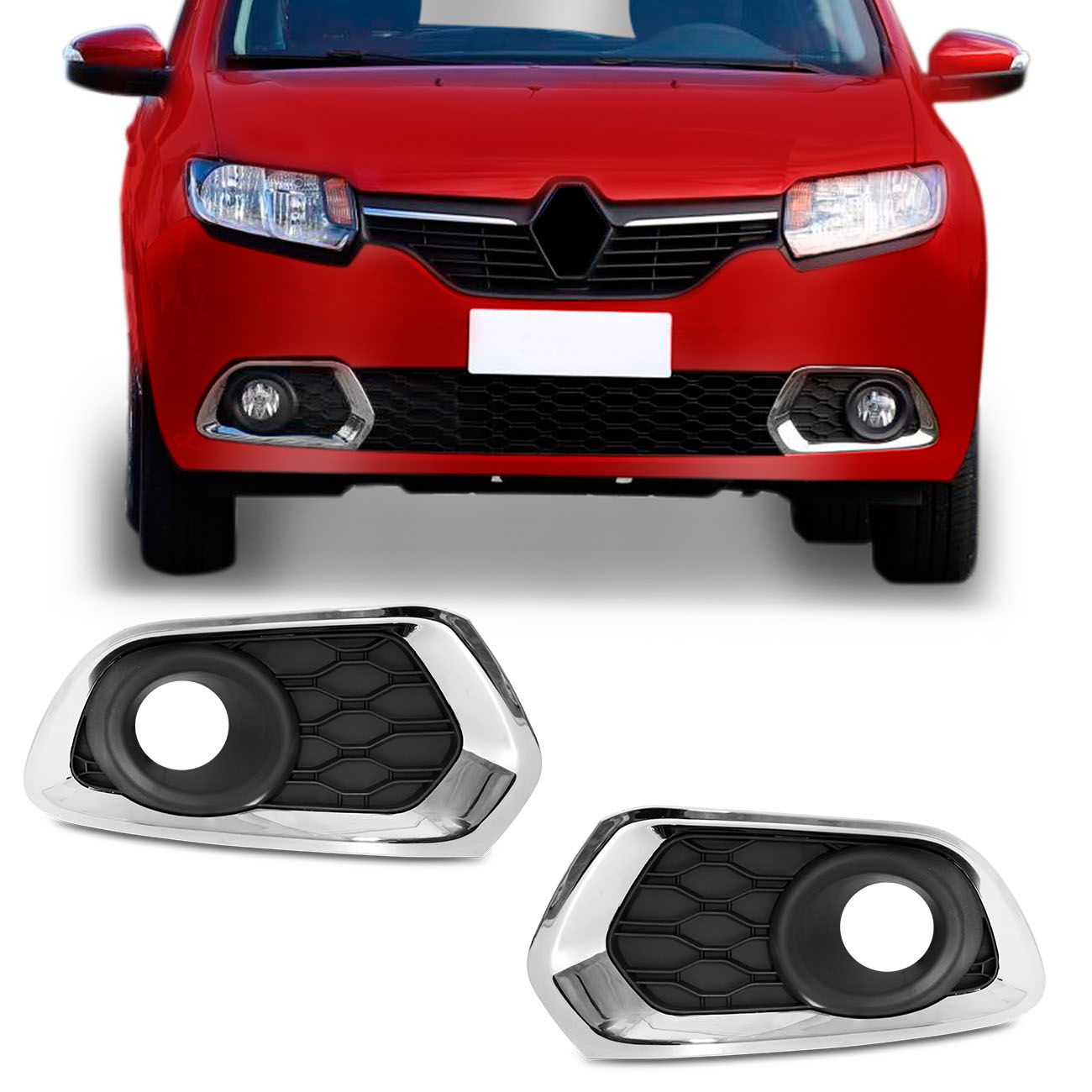 Grade Moldura Farol Milha Renault Sandero 2015 2016 2017 2018 2019 Aro Cromado Com Furo