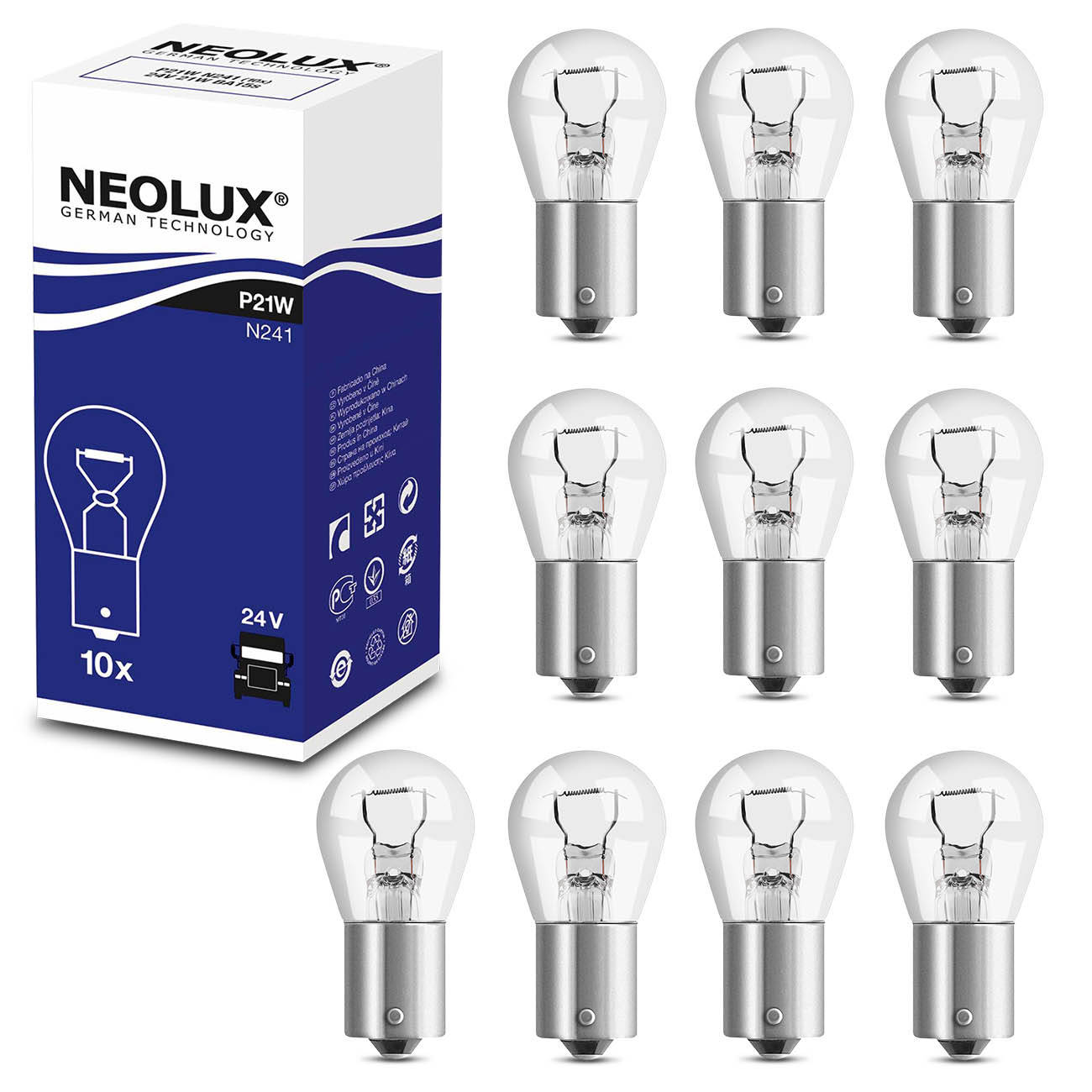 Kit 10 Lâmpadas Neolux Halógena P21W BA15s Standard 3200K 21W 24V Pisca Freio Caminhão