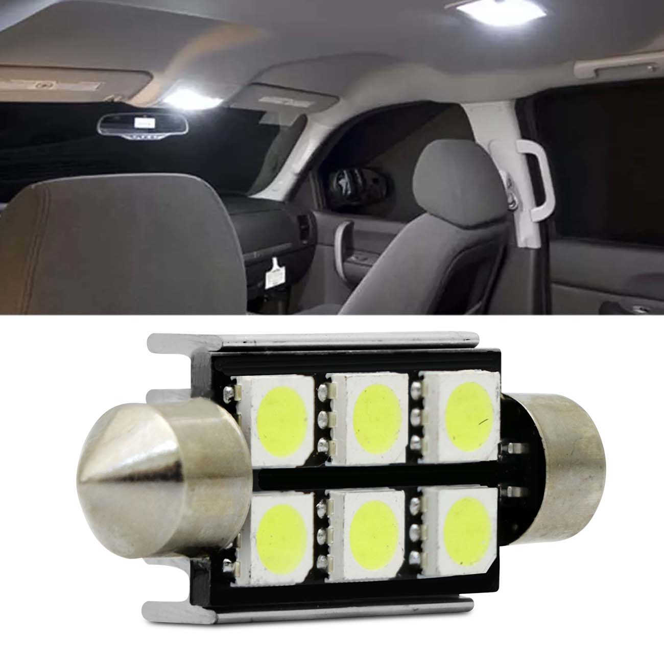 Lâmpada Torpedo 6 LEDs 36mm 12V 5W Canbus Branca Aplicação Placa Teto Porta Malas