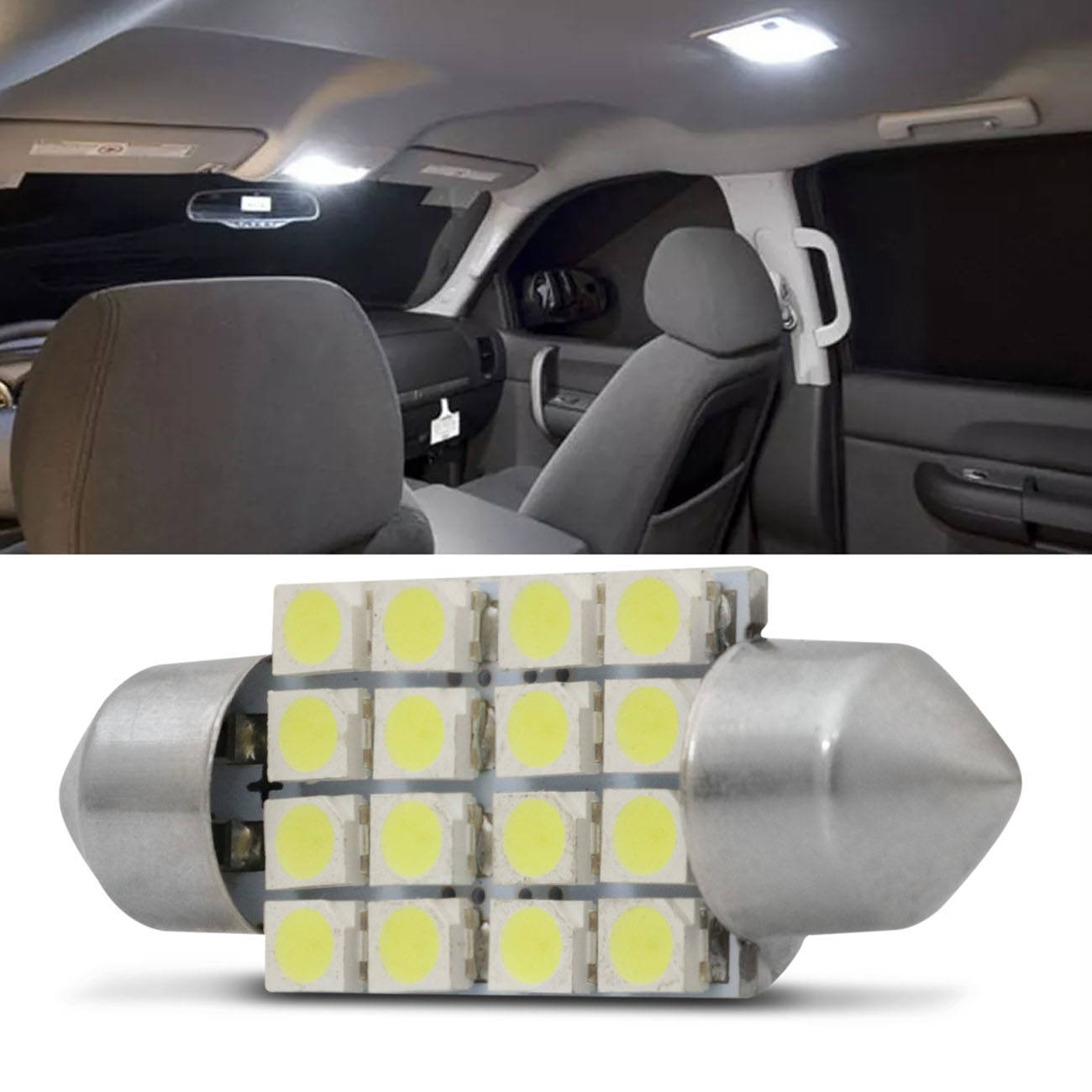 Lâmpada Torpedo 16 LEDs 12V 5W 36mm Branca Aplicação na Placa Teto Porta Malas