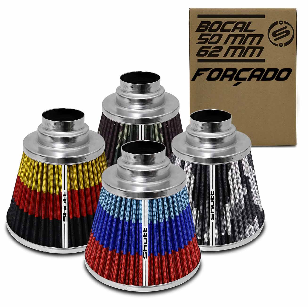 Filtro Fluxo Forçado Shutt 52Mm Camuflado Bope Tampa Base Cromada