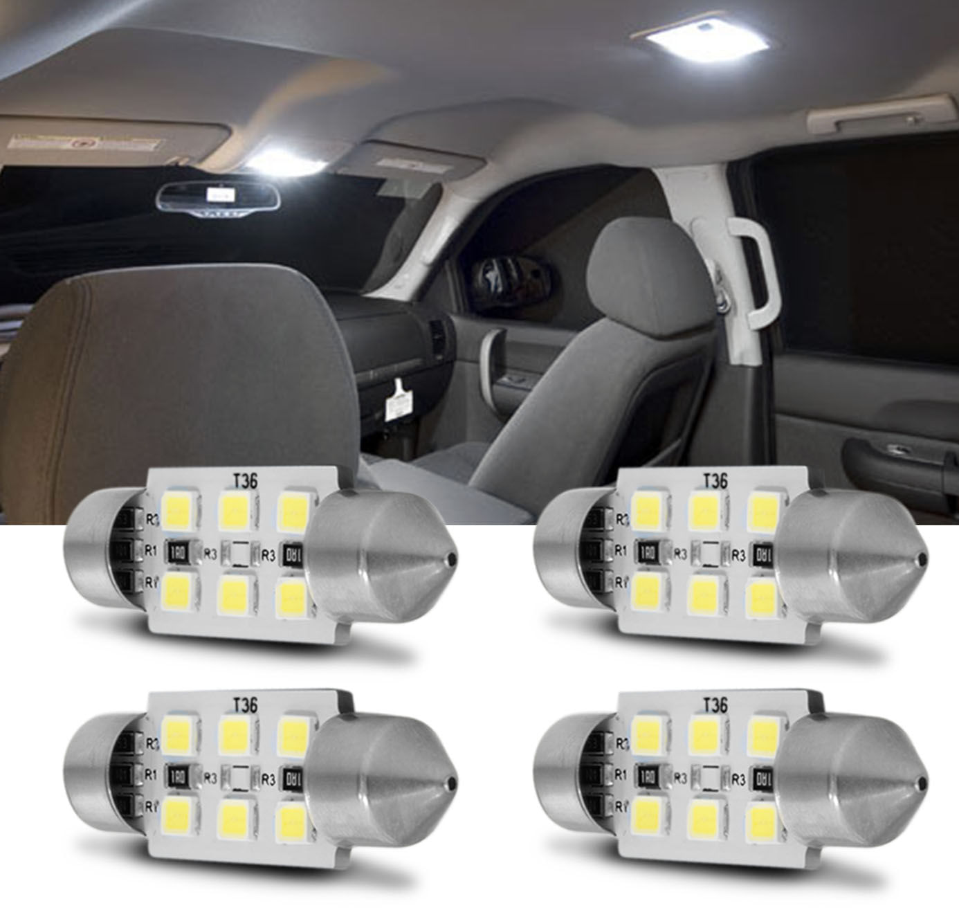 Kit Lâmpadas Torpedo 6 LEDs 36mm 12V Luz de Teto e Placa Branca