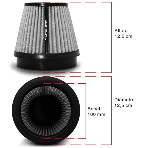 Encontraproduto.com.br - Filtro de Ar Esportivo Duplo Fluxo 100mm Cônico Lavável Shutt Base Borracha Maior Potência Tuning