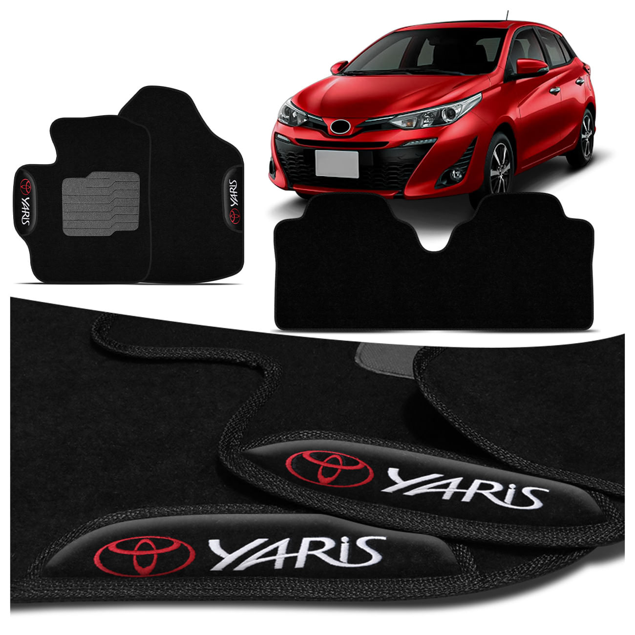 Jogo de Tapetes Carpete Yaris Hatch Sedan 2018 2019 2020 Preto com Grafia Bordado 3 Peças