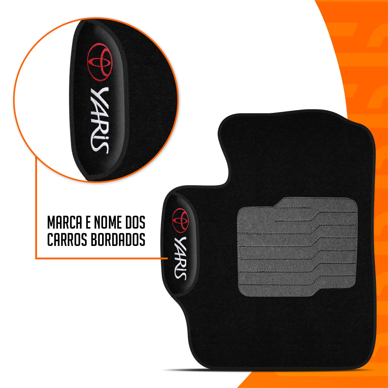 Encontraproduto.com.br - Jogo de Tapetes Carpete Yaris Hatch Sedan 2018 2019 2020 Preto com Grafia Bordado 3 Peças
