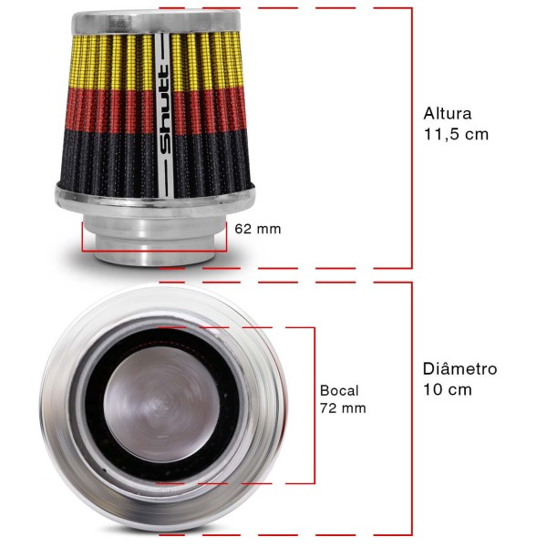 Encontraproduto.com.br - Filtro De Ar Esportivo Duplofluxo 62 72Mm Cônico Lavável Shutt Base De Aço Cromada Potência Tuning