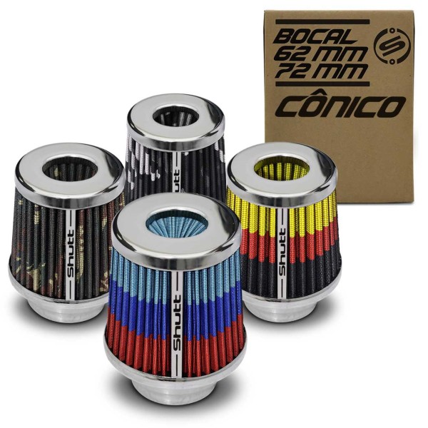 Encontraproduto.com.br - Filtro De Ar Esportivo Duplofluxo 62 72Mm Cônico Lavável Shutt Base De Aço Cromada Potência Tuning