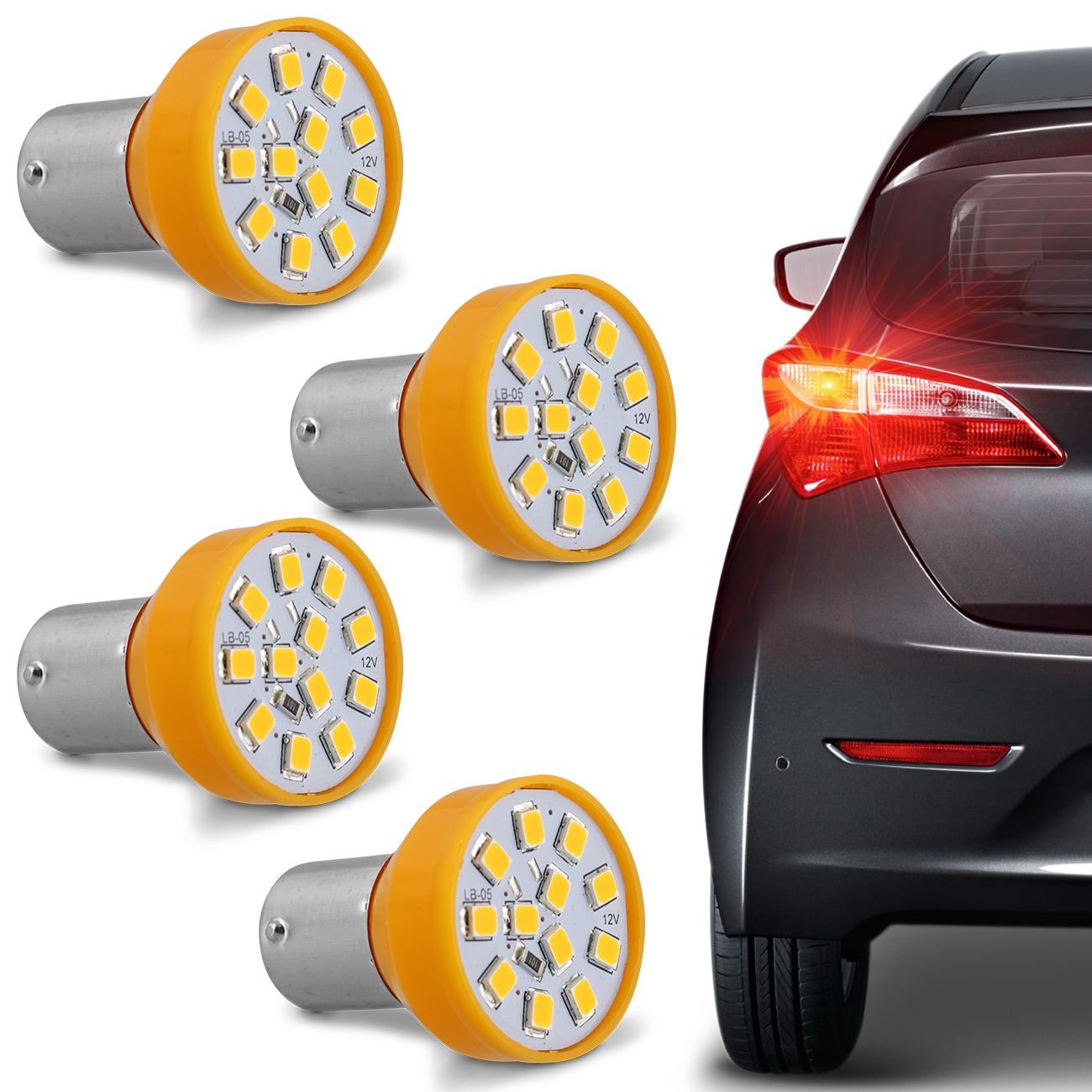 Encontraproduto.com.br - Kit 4 Lâmpadas 12 LEDs 1 Polo Trava Reta 21W 12V Luz Laranja Aplicação Pisca Seta
