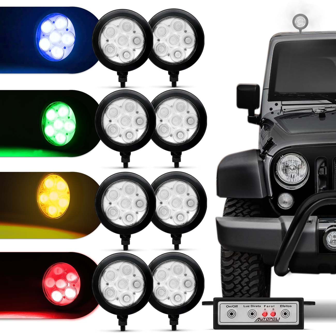 Farol de Milha Auxiliar Redondo 3 em 1 LED Slim Universal 6 LEDs 12V 24V 6W Todas as Cores Autopoli