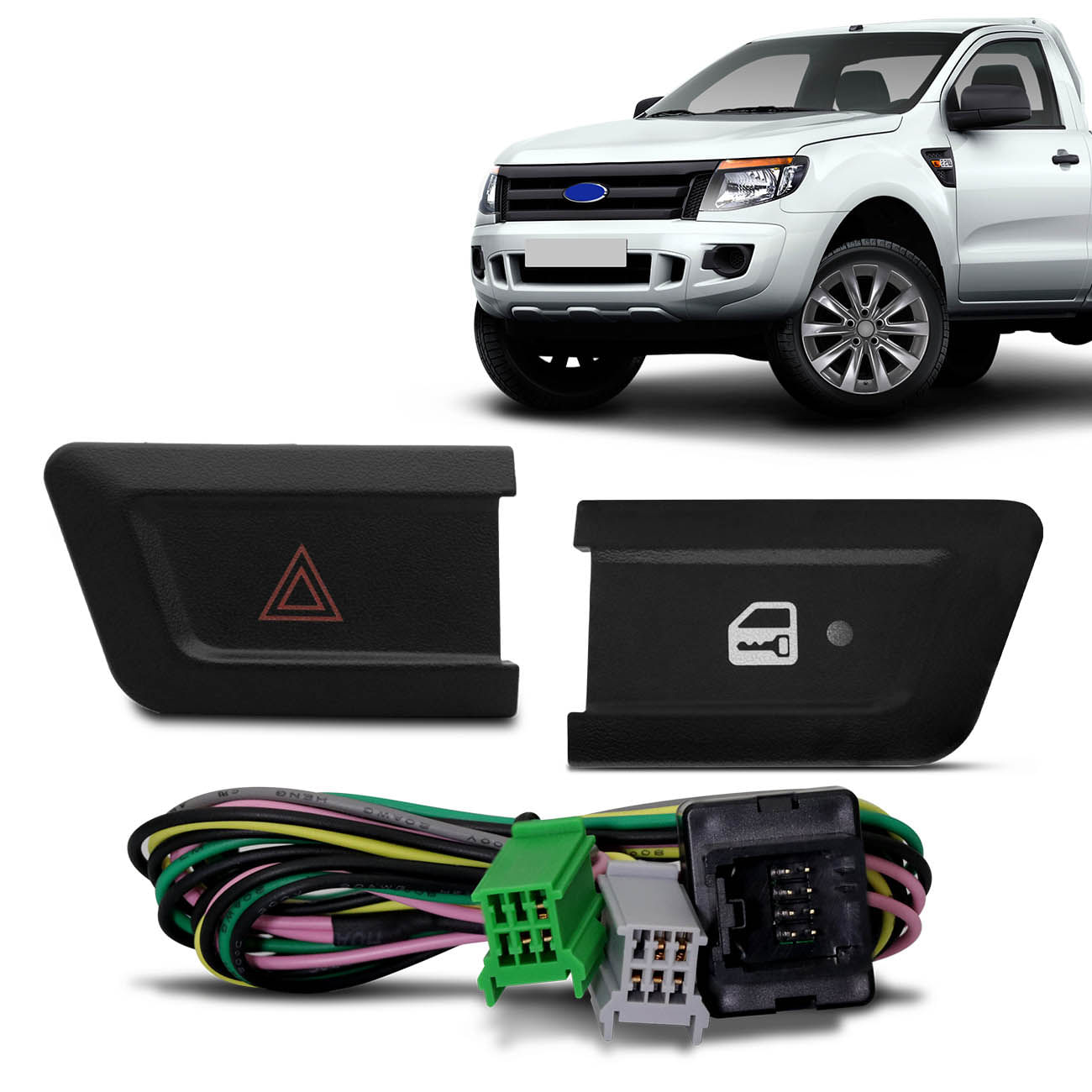 Kit Botão Pisca Alerta Ranger 2012 A 2016 + Botão Trava Destrava Portas + Chicote Central Multimidia