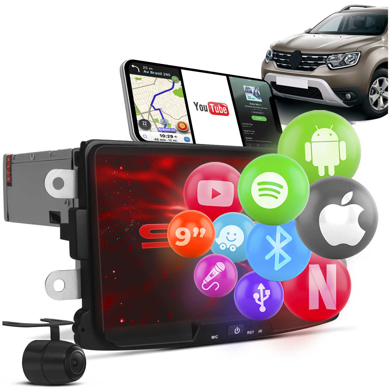 Central Multimídia Android Captur 2017 a 2020 9 Polegadas Espelha Android Iphone BT GPS USB Câmera