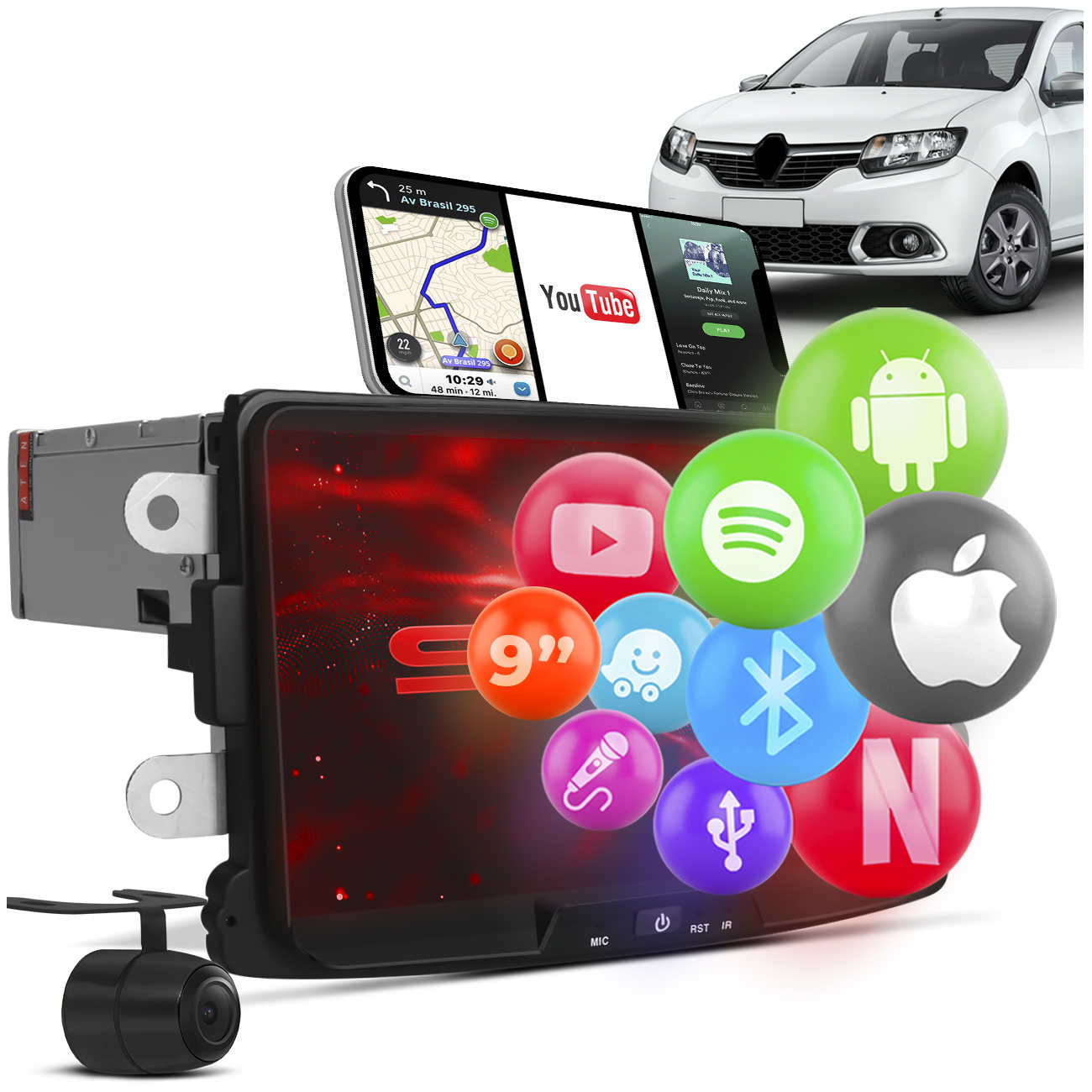 Central Multimídia Android Sandero 2017 a 2020 9 Polegadas Espelha Android Iphone BT GPS USB Câmera