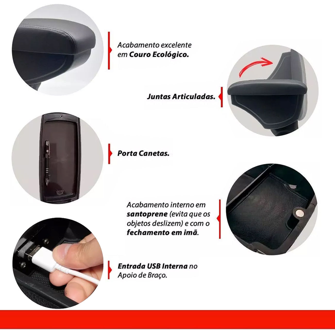 Encontraproduto.com.br - Encosto Descanso de Braço Apoio Spin 2013 a 2020 Com USB Couro Ecológico Encaixe Porta Copos