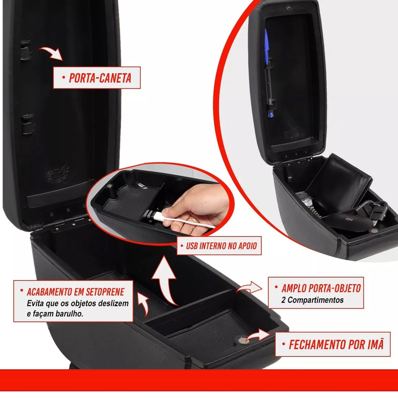 Encontraproduto.com.br - Encosto Descanso de Braço Apoio Spin 2013 a 2020 Com USB Couro Ecológico Encaixe Porta Copos