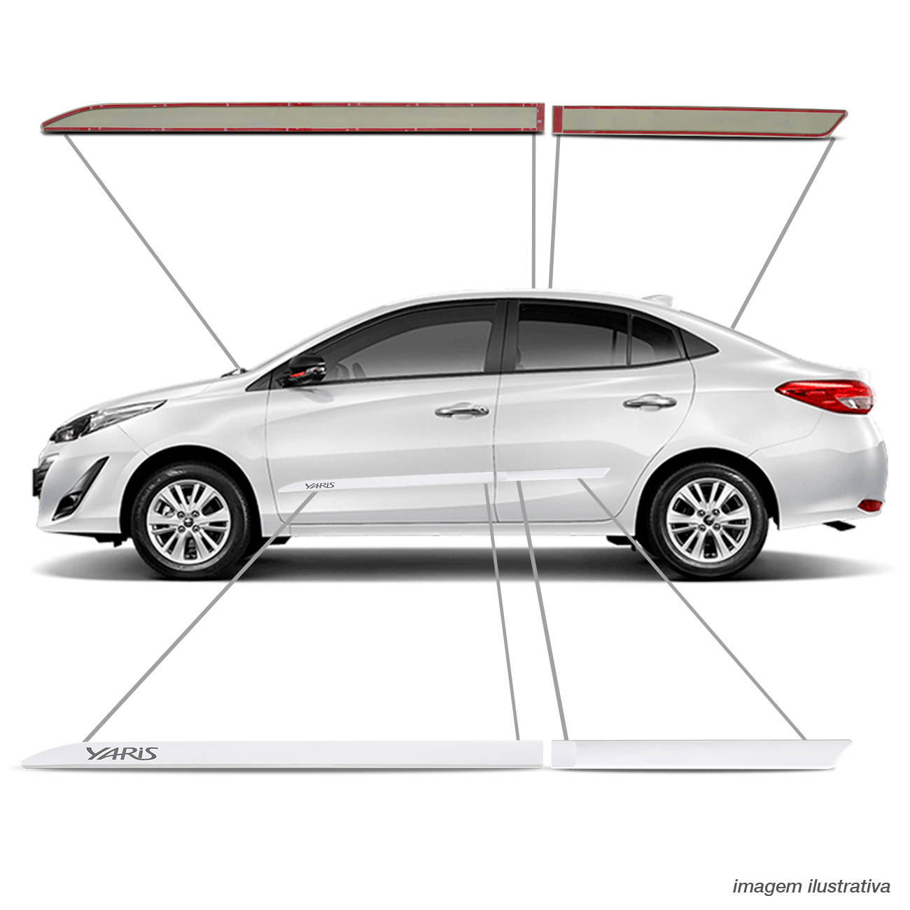 Encontraproduto.com.br - Jogo Friso Lateral Facão Yaris 2018 a 2020 PCD Branco Polar Prata Branco Com Grafia Tipo Borrachão