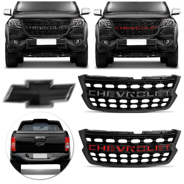 Encontraproduto.com.br - Grade Dianteira S10 Colorado 2017 2018 2019 2020 com Grafia + Emblema Traseiro Black Series