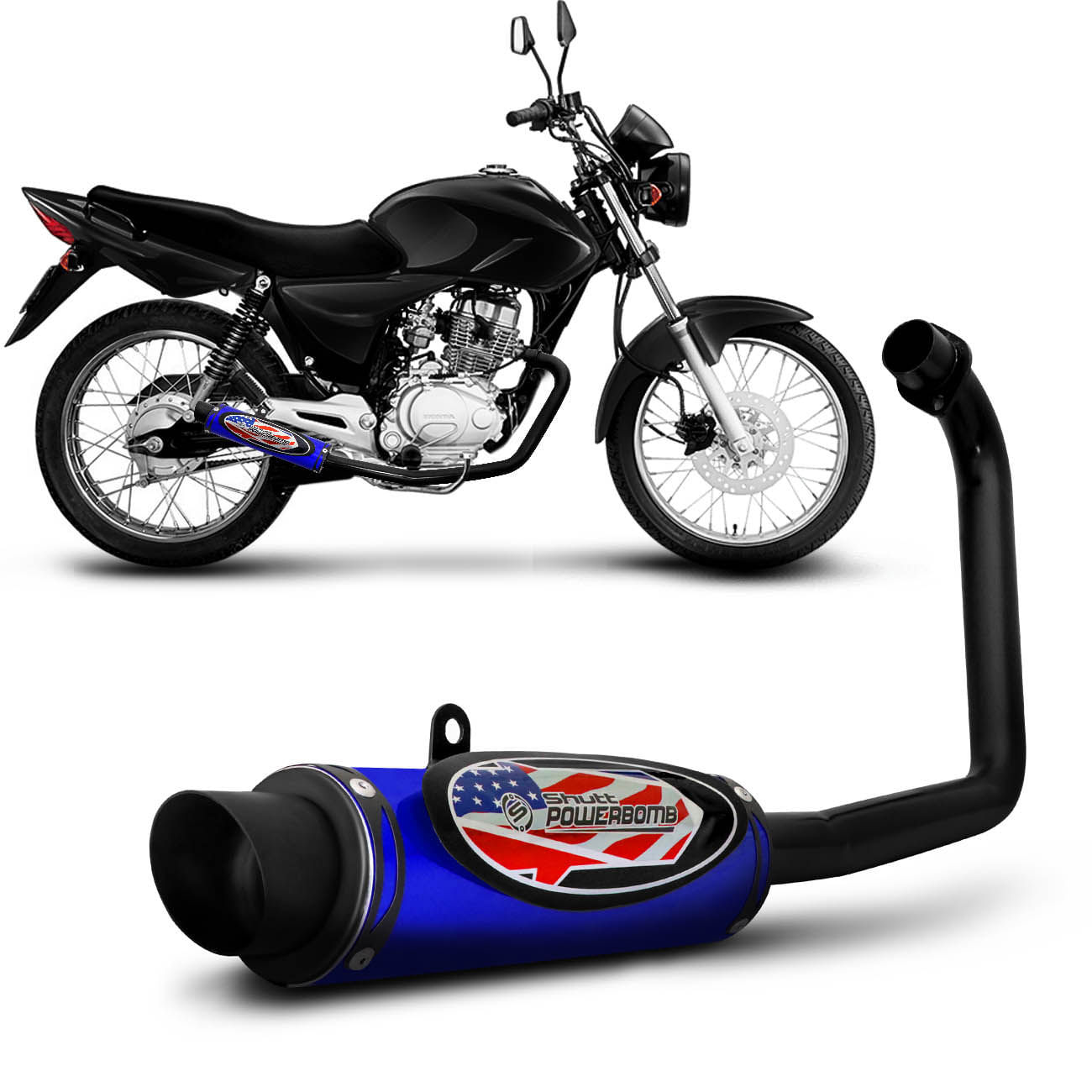 Escapamento Moto Esportivo  CG Fan 150 ESDI 2009 a 2013 Shutt Powerbomb Com Protetor Azul Preto