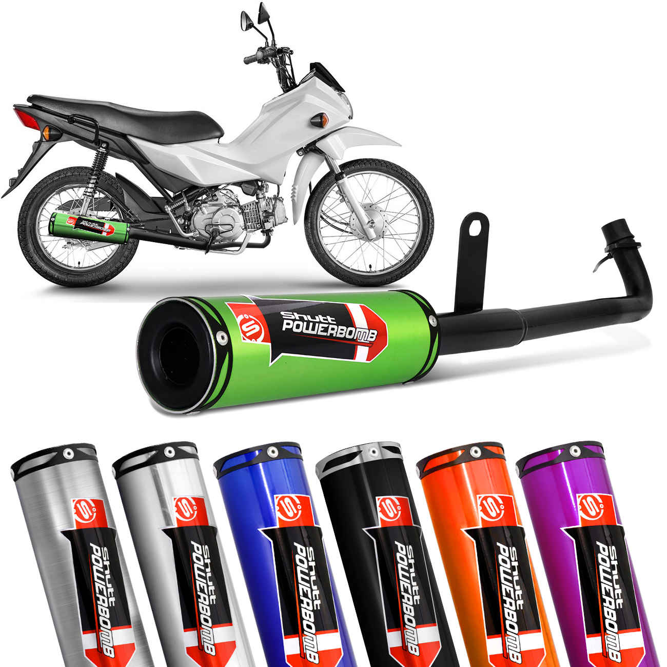 Escapamento Esportivo Moto Pop 110 Shutt Azul Prata Verde Claro Laranja Preto Roxo sem Protetor