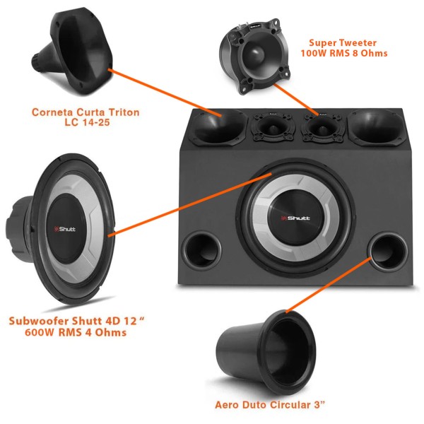 Encontraproduto.com.br - Caixa Trio Completa 640W RMS Subwoofer Shutt Cara Preta 4D 12