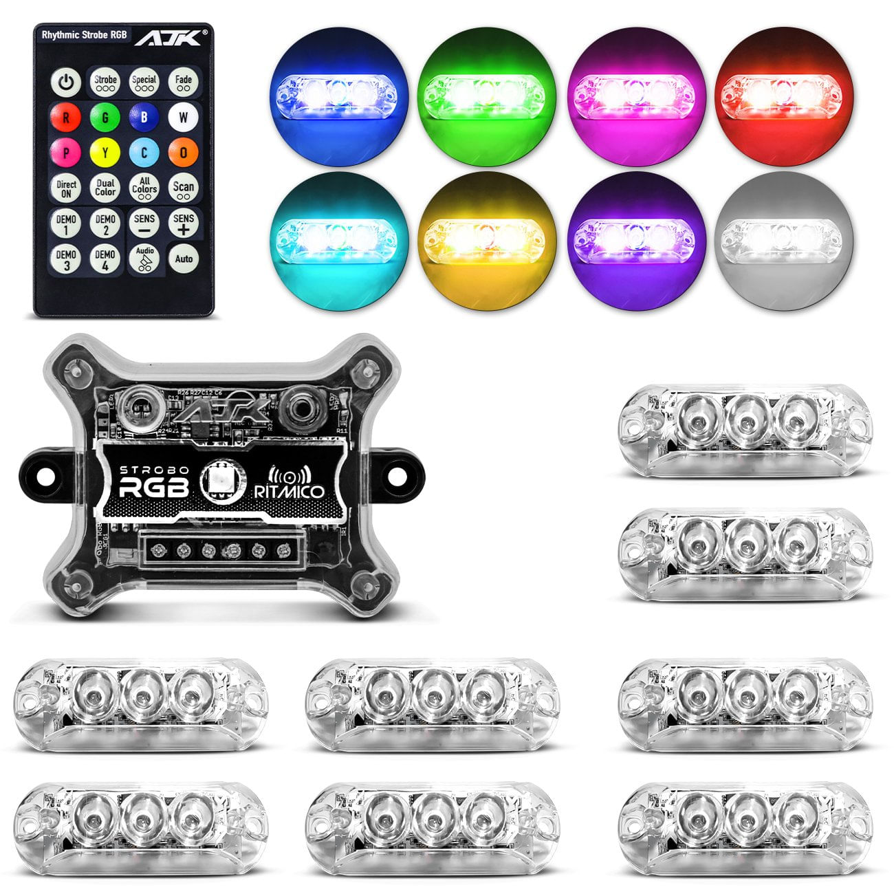 Kit Central Avulsa Strobo RGB Rítmico 3.0 Universal 179 Efeitos 8 Cores + 8 Faróis 3 LEDs