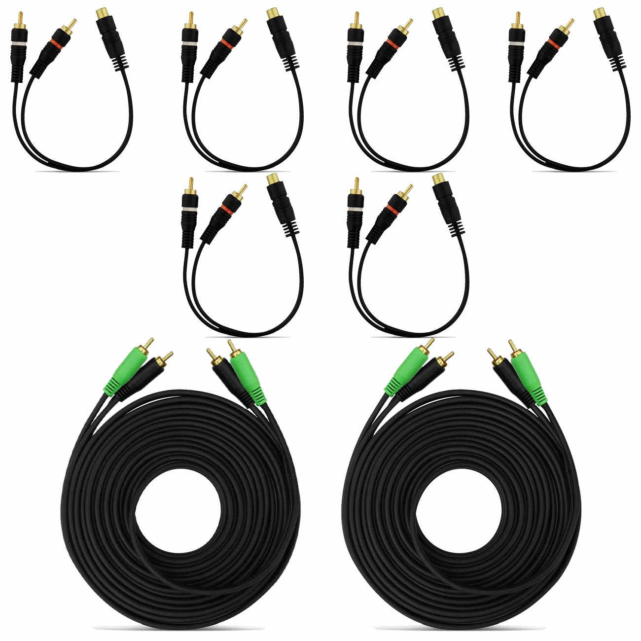 Kit 6 Cabos Y 1 Fêmea 2 Machos Preto + 2 Cabos Rca 5 Metros Preto e Verde Tech One