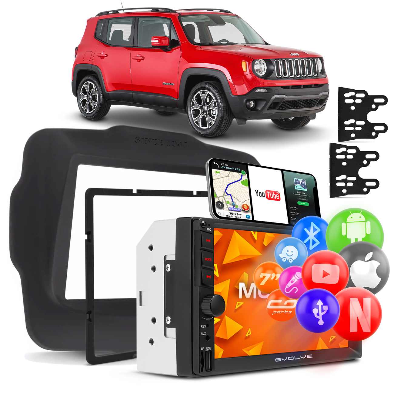 Central Multimídia Jeep Renegade Multilaser Evolve GP348 MP5 2Din BT USB Espelha Android Iphone