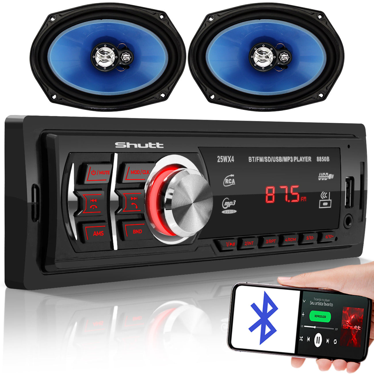 Player Automotivo Shutt Montana MP3 1 Din LCD Bt USB Falantes Triaxial Foxer FZ.69Z 6” 120W RMS