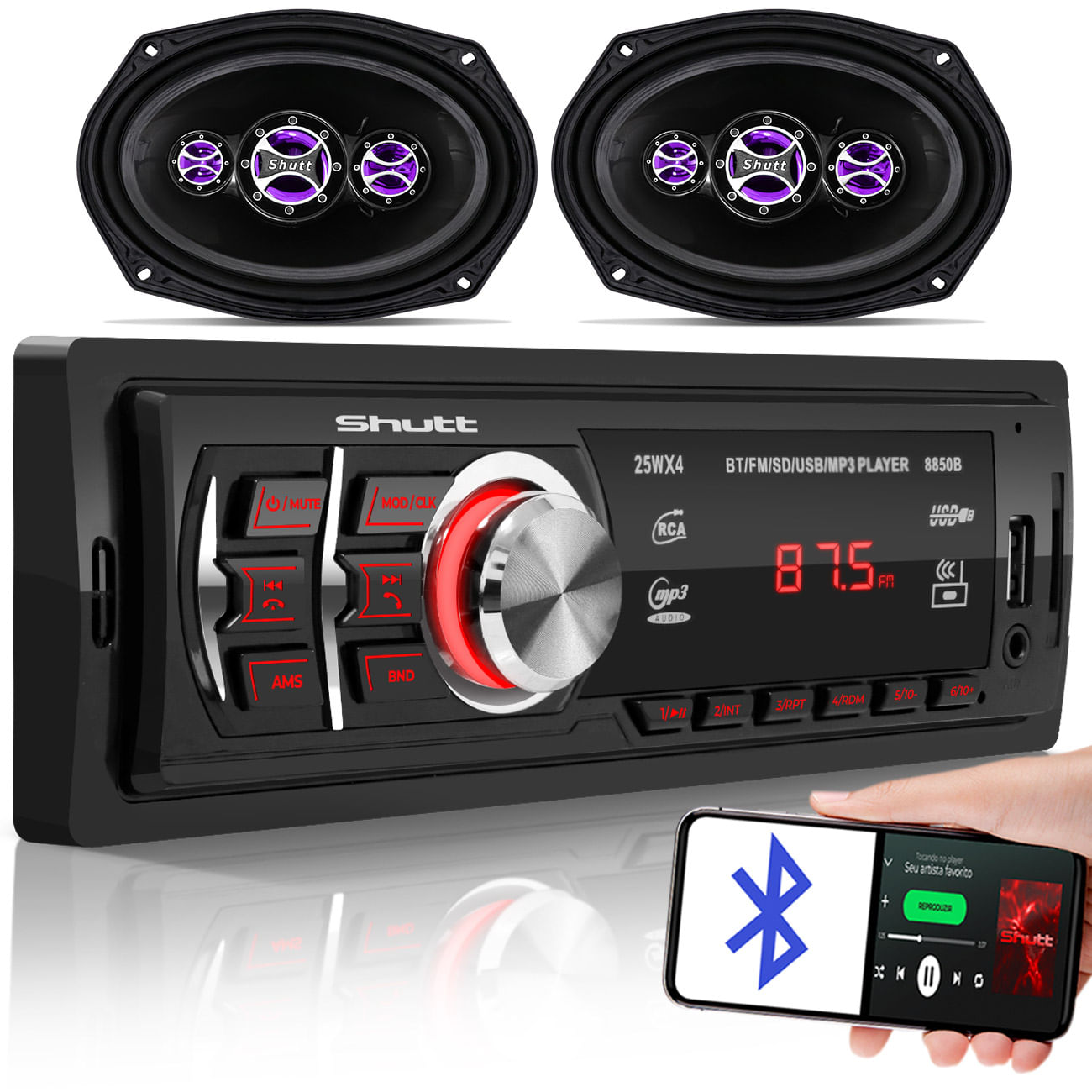 Player Automotivo Shutt Montana MP3 1 Din LCD Bt USB Kit Falante Quadriaxial 320W RMS 4 Ohms