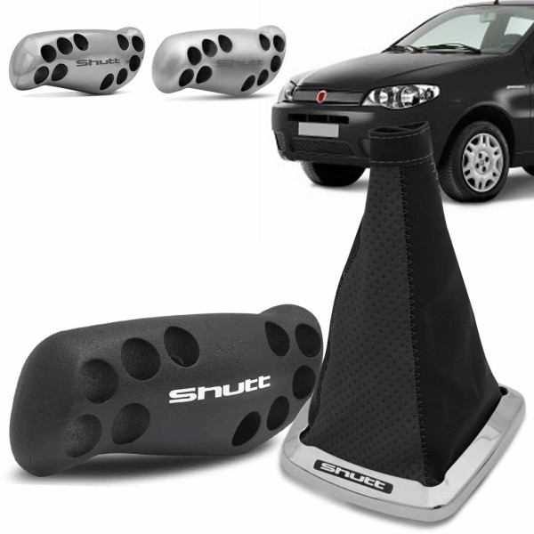 Encontraproduto.com.br - Kit Coifa Câmbio Palio Strada Siena G1 G2 Preto e Cinza com Base Cromada e linha Cinza Com Manopla