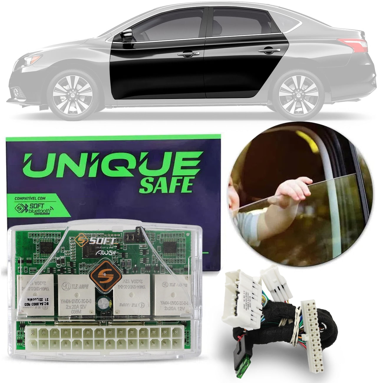 Módulo Vidro Elétrico Unique Safe Soft AW 54 Nissan Sentra 2017 18 19 2020 4 Portas Antiesmagamento