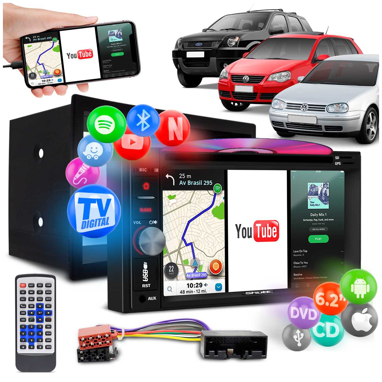 Central Multimídia Polo Golf TV Digital Espelha Android IOS Chicote Plug and Play Shutt Dakota