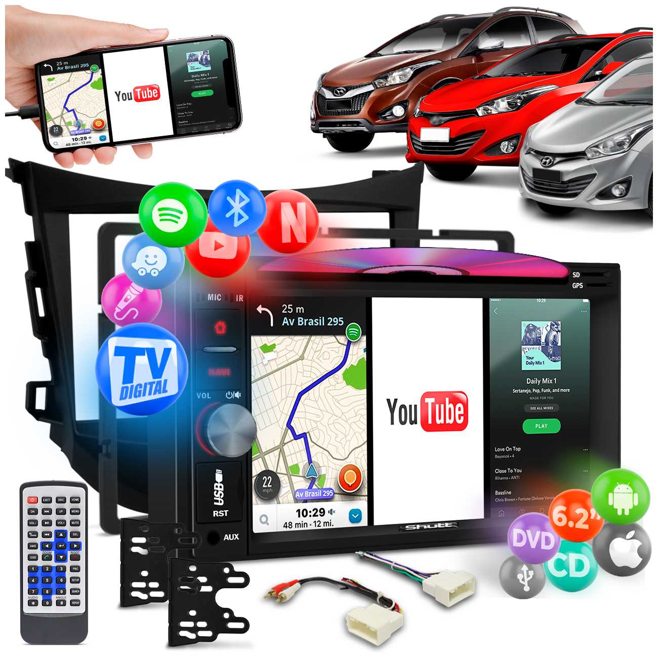 Central Multimídia HB20 TV Digital Espelha Android IOS Chicote Plug and Play Shutt Dakota
