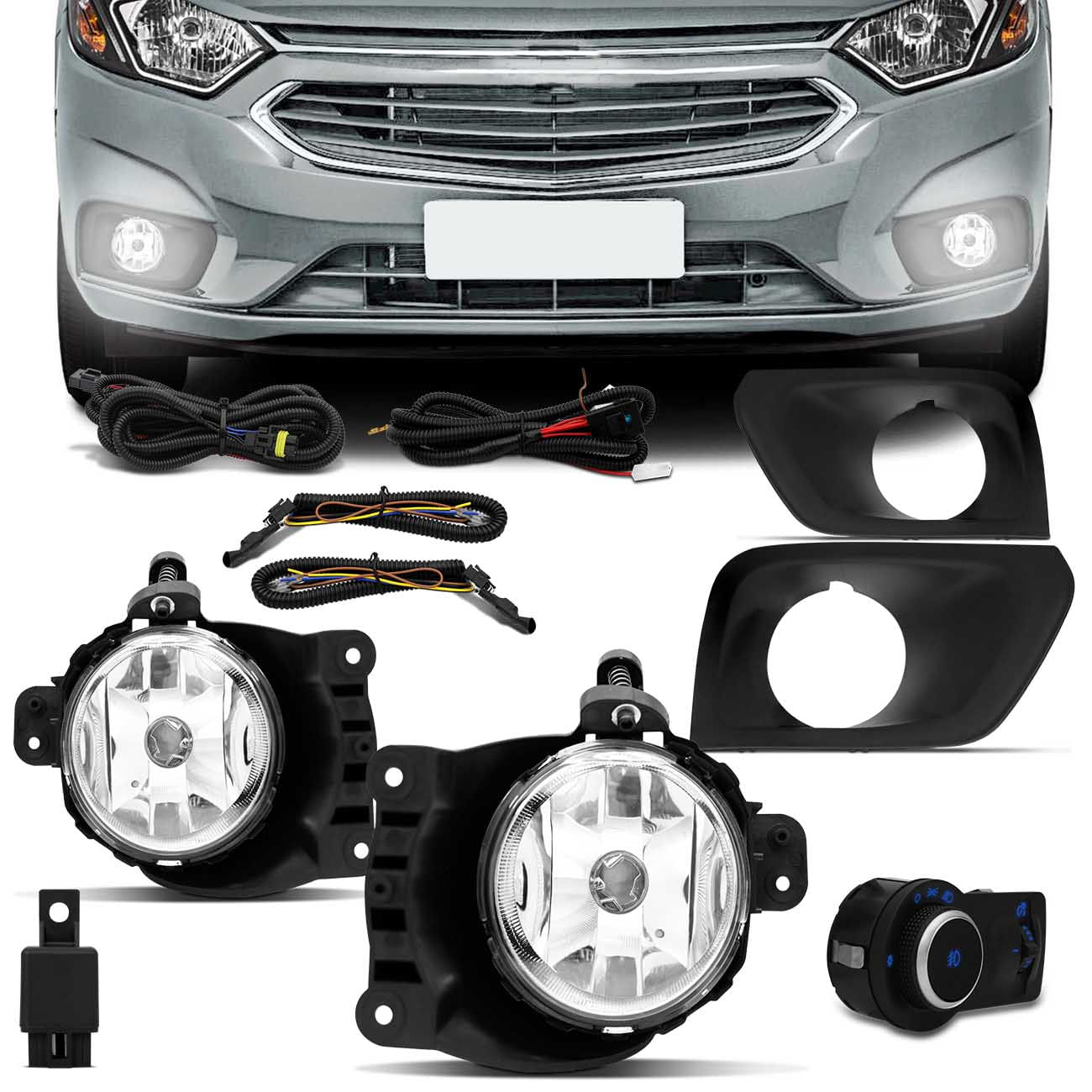 Kit Farol Milha Onix Prisma LT 2017 2018 2019 Auxiliar + Moldura Preta e Botão Similar Original